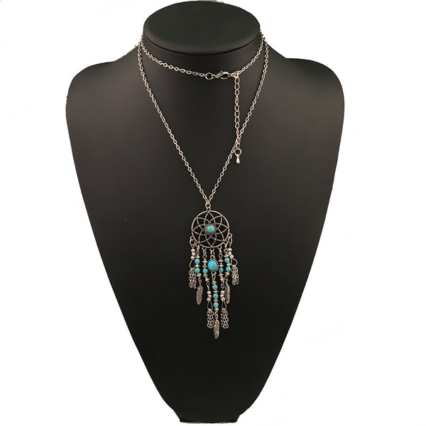 Boho Silver Gold Dream Catcher Leaves Feathers Charm Necklaces Round Faux Beads Sweater Necklace Jewelry