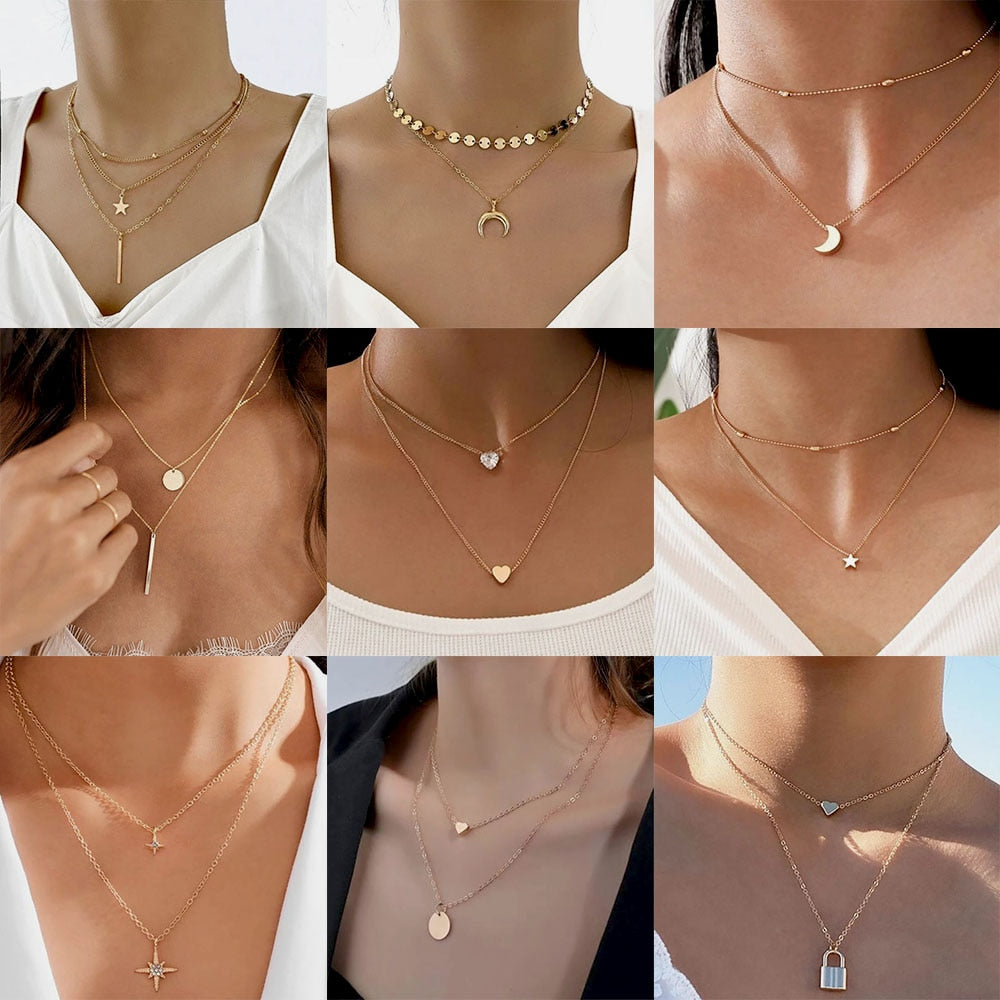 Boho Simple Moon Star Heart Pendant Necklace Women's Retro Sequin Coin Short Clavicle Necklaces Glamour Girl Lover Jewelry Gift