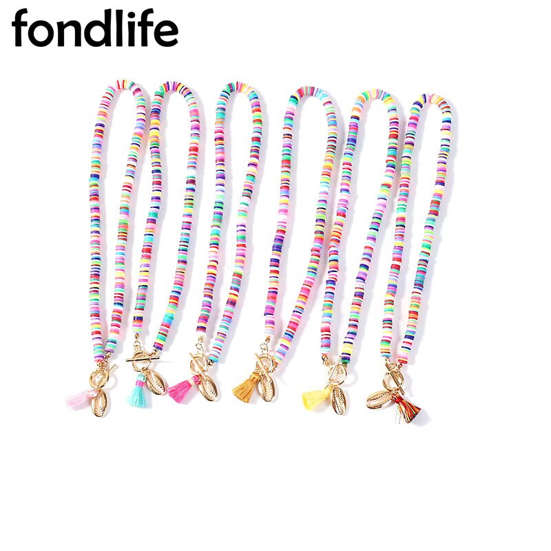 Boho Soft Polymer Clay Heishi Beads Shell Pendant Cotton Tassel Necklace Woman All-match Sweet Nice Girl Rainbow Summer Choker