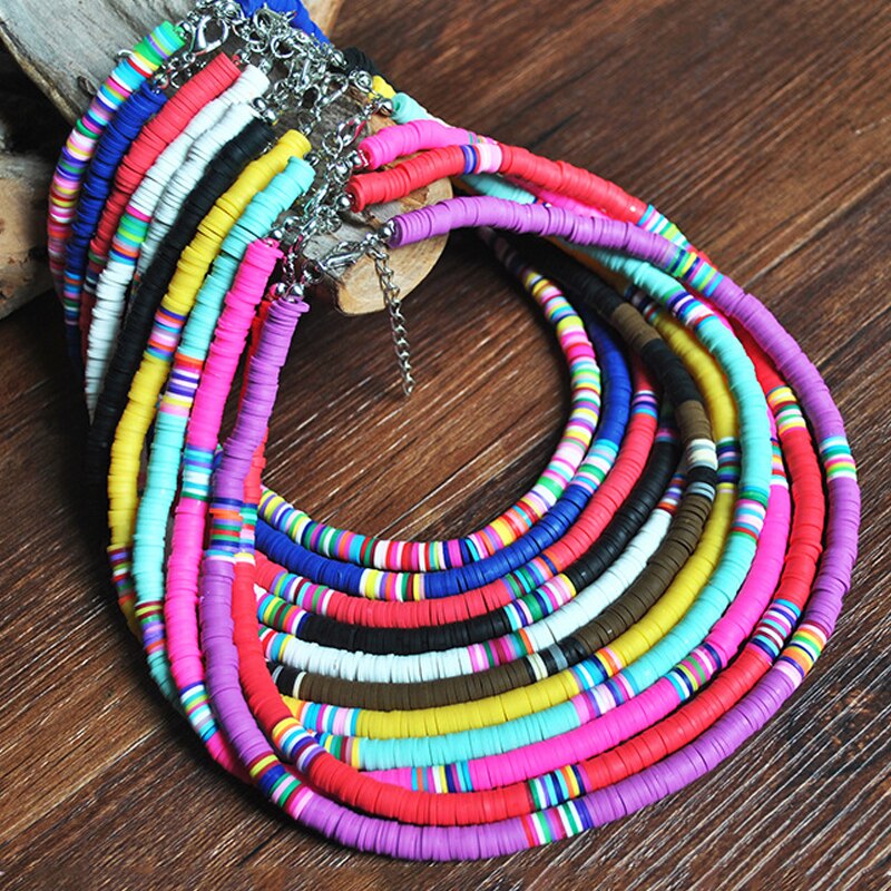 Boho Style Necklace Colorful Clay Beaded Choker Party Rainbow Polymer Clay Necklace Jewelry Gifts for Women Girls Adjustable