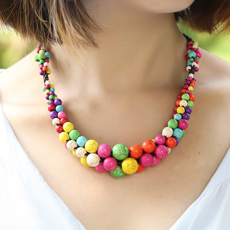 Boho Style Vintage Semi-precious Stone Clavicle Chain Thai Wax Thread Hand-woven Short Necklace Ladies Jewelry Customization