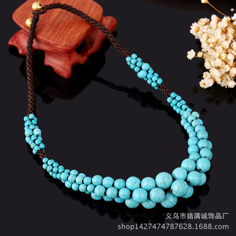 Boho Style Vintage Semi-precious Stone Clavicle Chain Thai Wax Thread Hand-woven Short Necklace Ladies Jewelry Customization