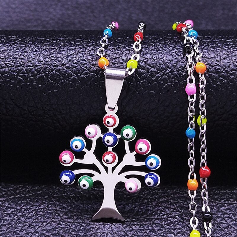 Boho Tree of Life Stainless Steel Colorful Turkey Eyes Pendants Necklaces Women Silver Color Necklaces jewlery collier N5206S04