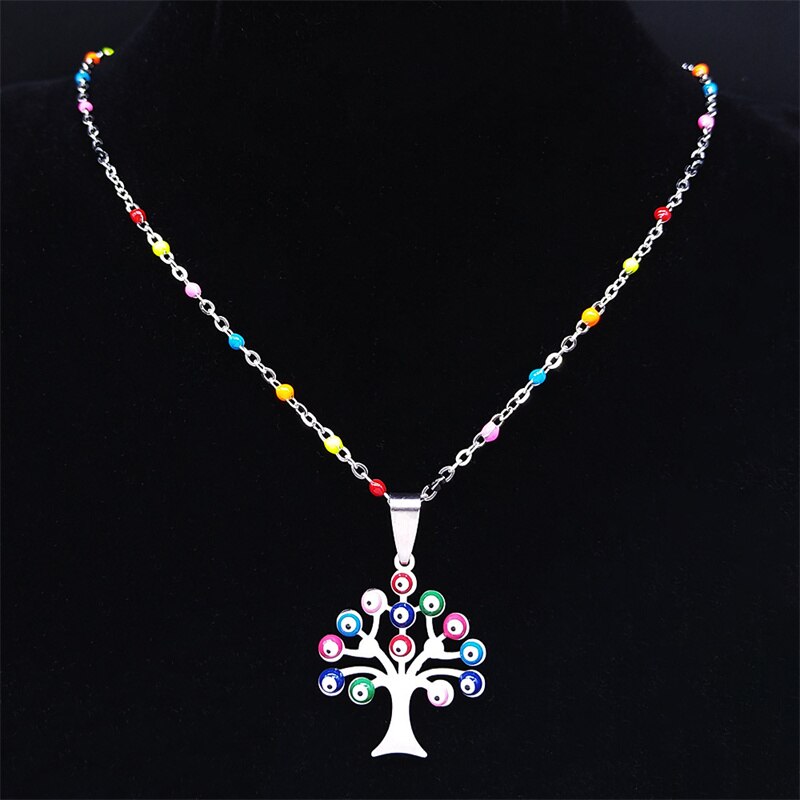 Boho Tree of Life Stainless Steel Colorful Turkey Eyes Pendants Necklaces Women Silver Color Necklaces jewlery collier N5206S04
