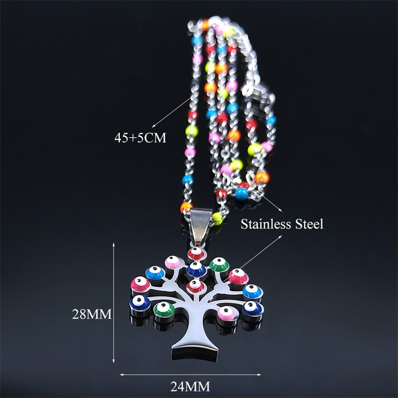 Boho Tree of Life Stainless Steel Colorful Turkey Eyes Pendants Necklaces Women Silver Color Necklaces jewlery collier N5206S04
