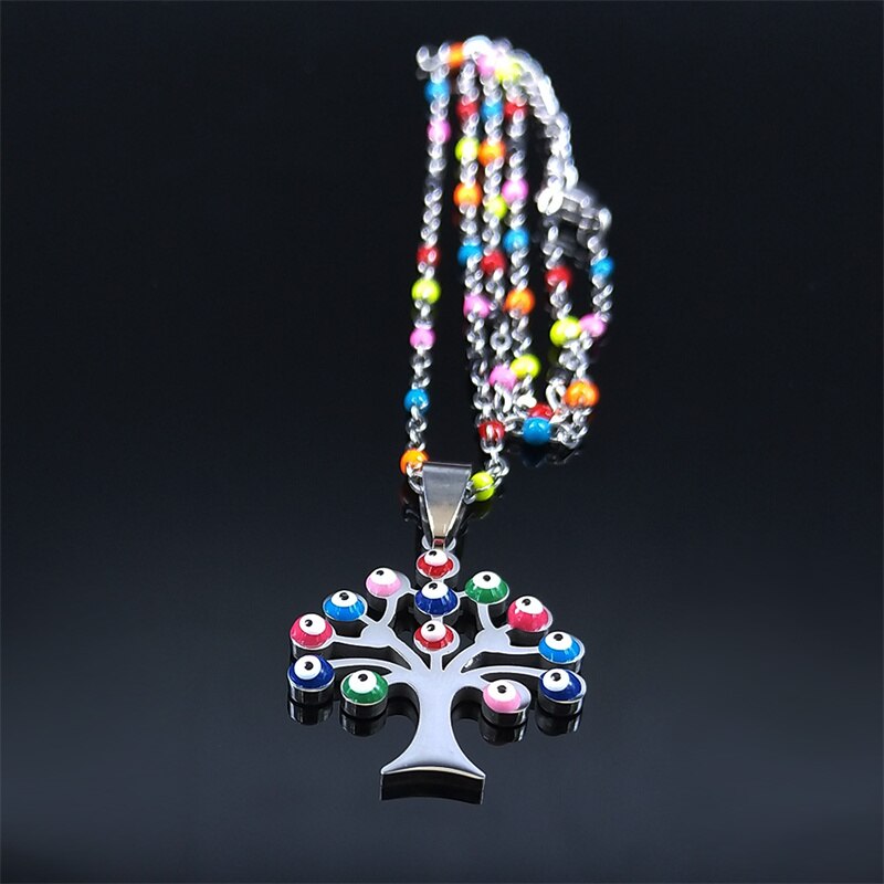 Boho Tree of Life Stainless Steel Colorful Turkey Eyes Pendants Necklaces Women Silver Color Necklaces jewlery collier N5206S04