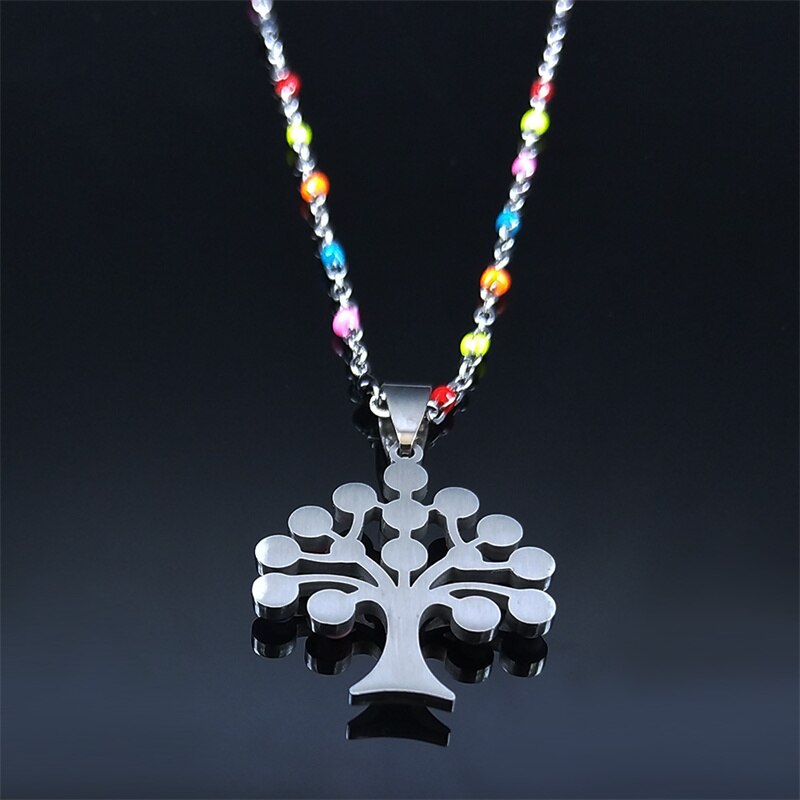 Boho Tree of Life Stainless Steel Colorful Turkey Eyes Pendants Necklaces Women Silver Color Necklaces jewlery collier N5206S04