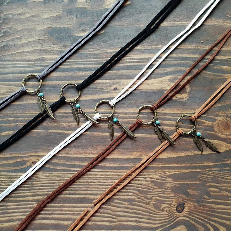 Boho Vintage Feather Leather Choker Pendant Necklace Gift For Women Girl Female Circle Collar Jewelry Fashion