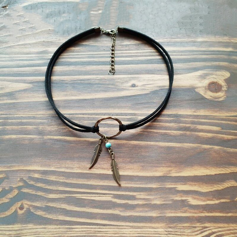 Boho Vintage Feather Leather Choker Pendant Necklace Gift For Women Girl Female Circle Collar Jewelry Fashion