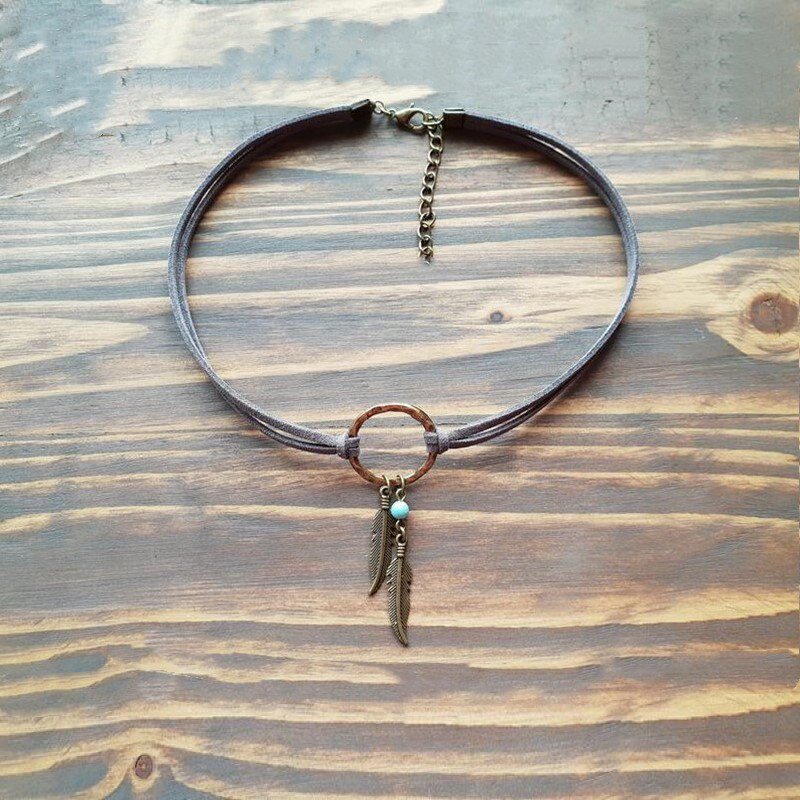 Boho Vintage Feather Leather Choker Pendant Necklace Gift For Women Girl Female Circle Collar Jewelry Fashion