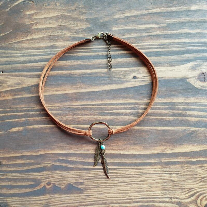 Boho Vintage Feather Leather Choker Pendant Necklace Gift For Women Girl Female Circle Collar Jewelry Fashion