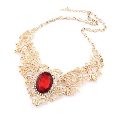 Boho Vintage Women  Party Hollow Out Flower Oval Rhinestone Statement Bib Necklace indian  Lady Dress Choker Big Necklace