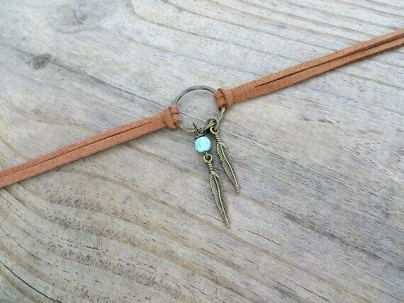Boho style - Small feather charms with brown faux suede cord necklace that can be worn long or as a choker