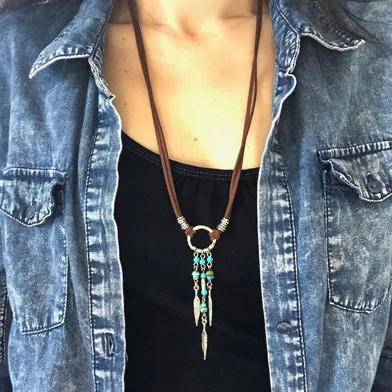 Boho style - Small feather charms with brown faux suede cord necklace that can be worn long or as a choker
