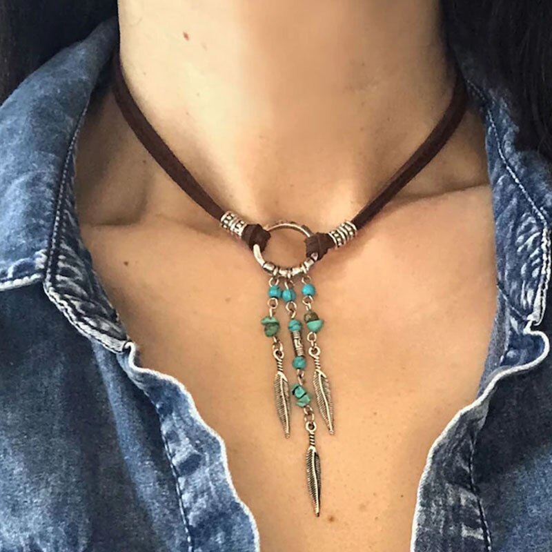 Boho style - Small feather charms with brown faux suede cord necklace that can be worn long or as a choker