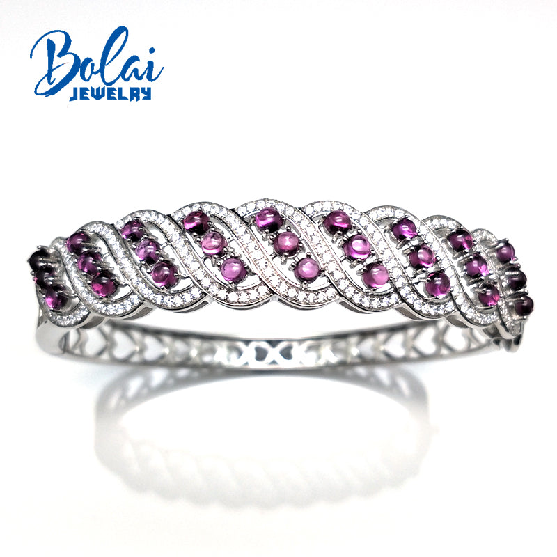 Bolaijewelry,100%Natural rhodolite gemstone Bangle 925 sterling silver fine jewelry design for women as anniversary wedding gift