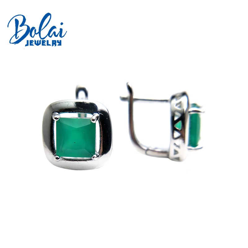 Bolaijewelry,925 silver fine jewlery with earrings natural green agate and smoky Square7.0mm girl of choice Christmas box choice
