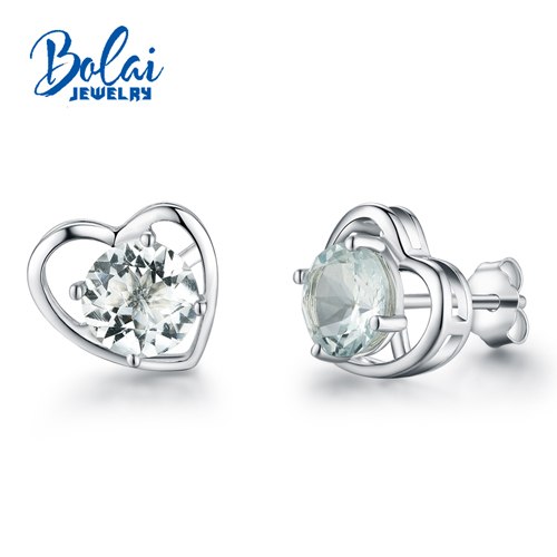 Bolaijewelry,Natural Aquamarine gemstone earring heard classic earrings in 925 sterling sliver for girls as engagement gift