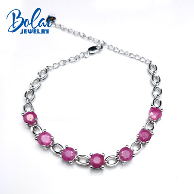 Bolaijewelry,Natural India Ruby Round cut 5mm 4ct gemstone simple bracelet 925 sterling silver fine jewelry for women