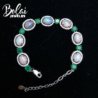 Bolaijewelry,Natural opal and green agate 4ct gemstone Bracelet 925 sterling silver fine jewelry women daily wear party gift