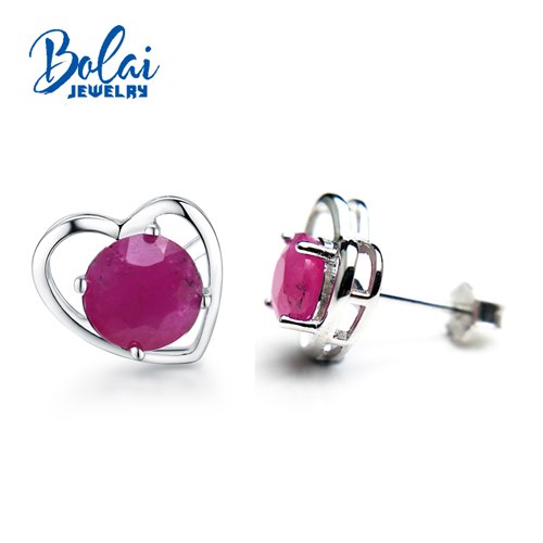 Bolaijewelry,Noble elegant 925 silver earring with ruby gemstone heard-shaped gemstone earring for women romantic gift for girl