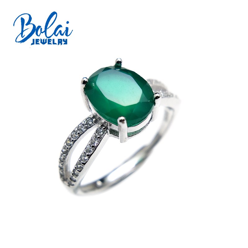 Bolaijewelry,classical simple style natural green agate oval 8*10 mm gemstone ring 925 silver jewelry for women wear best gift