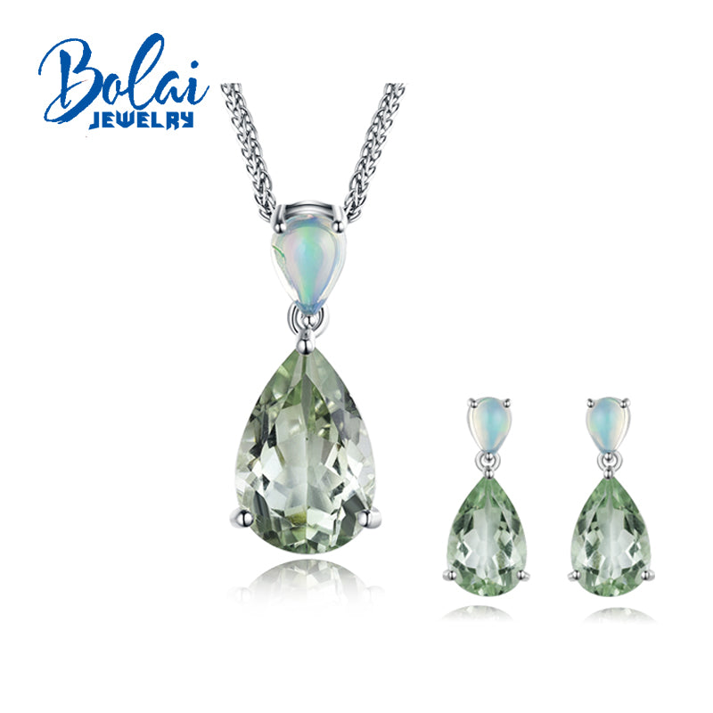 Bolaijewelry,natural opal and real green amethyst pendant and earring jewelry set 925 sterling silver for women anniversary gift