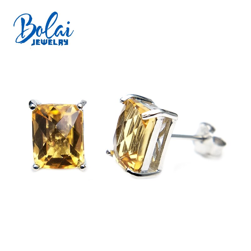 Bolaijewelry,simple elegant 925 silver with citrine checkboard cut gemstone korean earrings for women romantic gift for girl