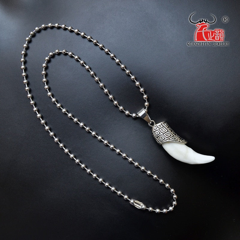 Bone Necklace Men's Stainless Steel Necklace Tibetan Amulet Fangs Real Natural Tooth Vintage Silver Wolf Tooth Charm Pendant