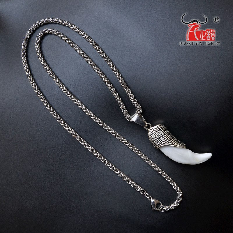 Bone Necklace Men's Stainless Steel Necklace Tibetan Amulet Fangs Real Natural Tooth Vintage Silver Wolf Tooth Charm Pendant
