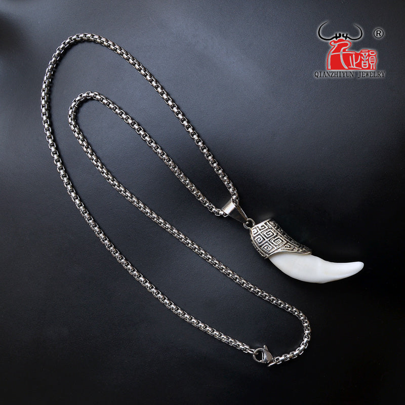 Bone Necklace Men's Stainless Steel Necklace Tibetan Amulet Fangs Real Natural Tooth Vintage Silver Wolf Tooth Charm Pendant