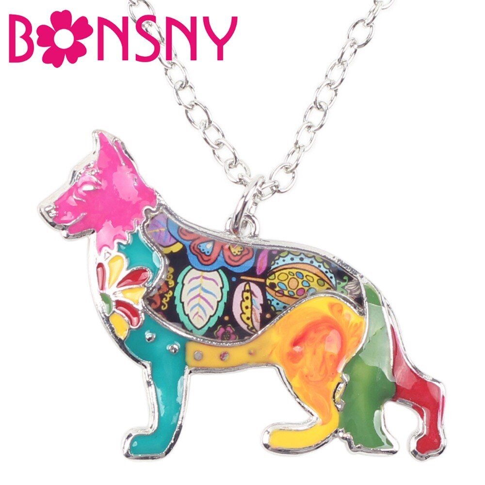 Bonsny Enamel Alloy Floral German Shepherd Dog Necklace Pendant Choker Collar Novelty Animal Jewelry For Women Girls Gift Bijoux