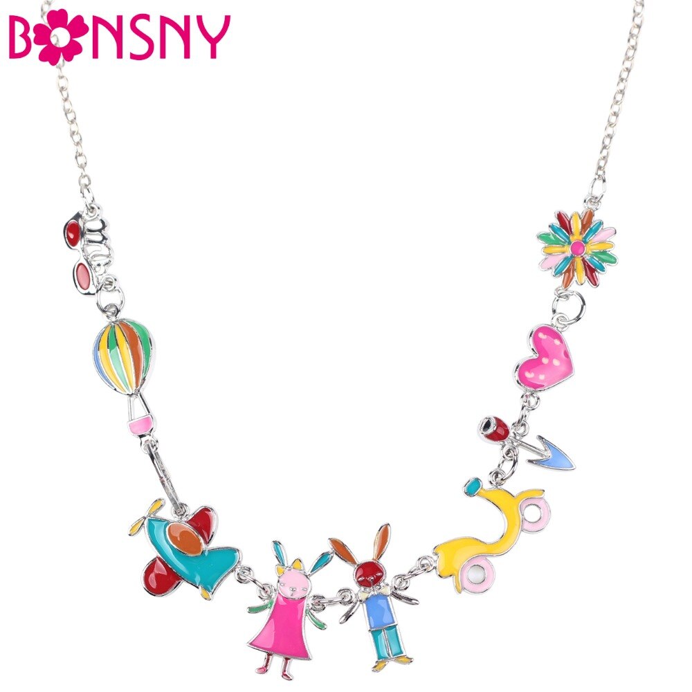 Bonsny Maxi Alloy Rabbit PLANE  Necklace Chain Enamel Jewelry Colorful Pendant 2021 Jewelry For Women Statement