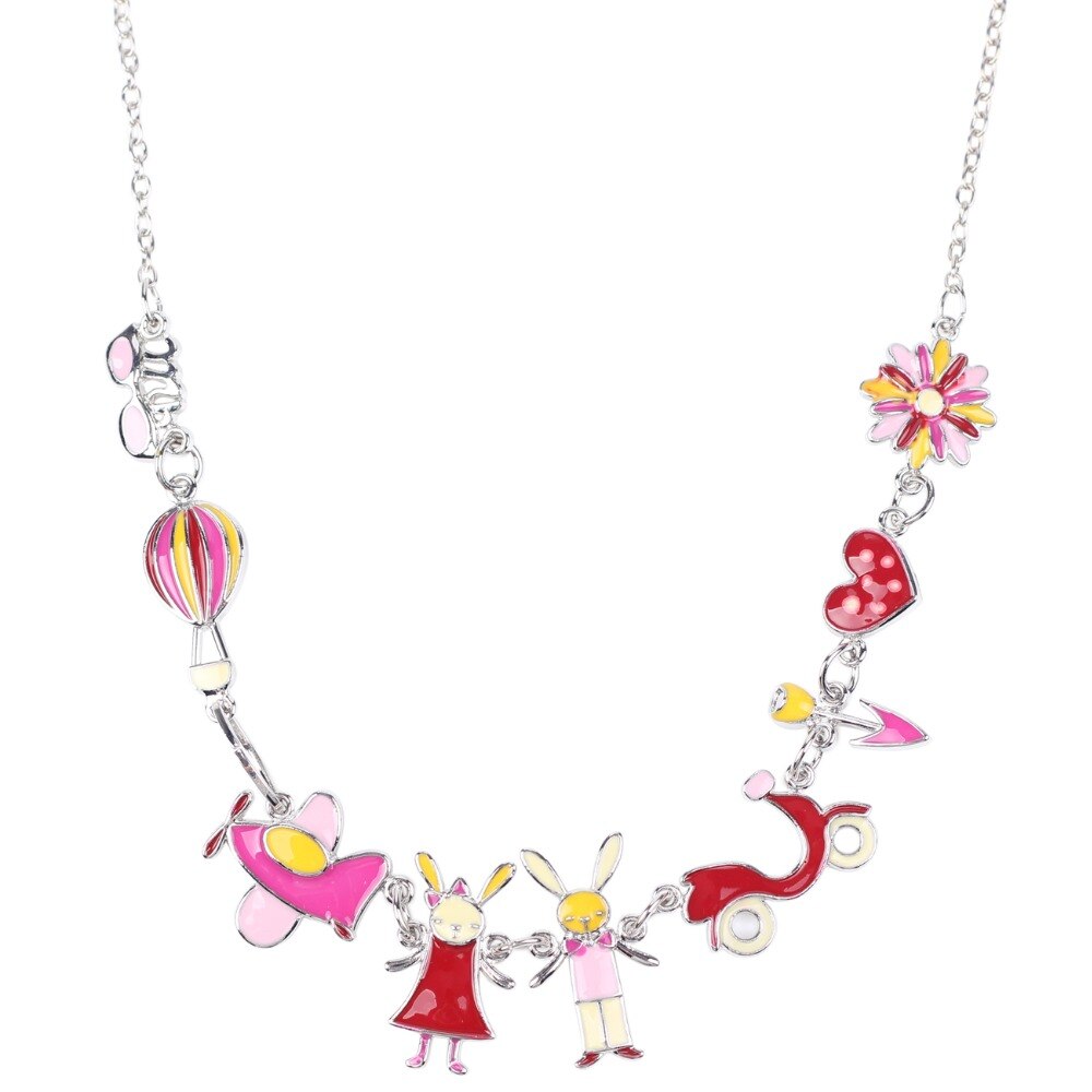 Bonsny Maxi Alloy Rabbit PLANE  Necklace Chain Enamel Jewelry Colorful Pendant 2021 Jewelry For Women Statement