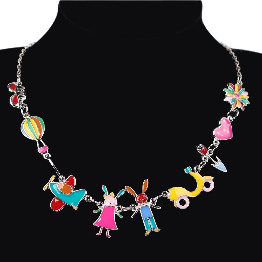 Bonsny Maxi Alloy Rabbit PLANE  Necklace Chain Enamel Jewelry Colorful Pendant 2021 Jewelry For Women Statement