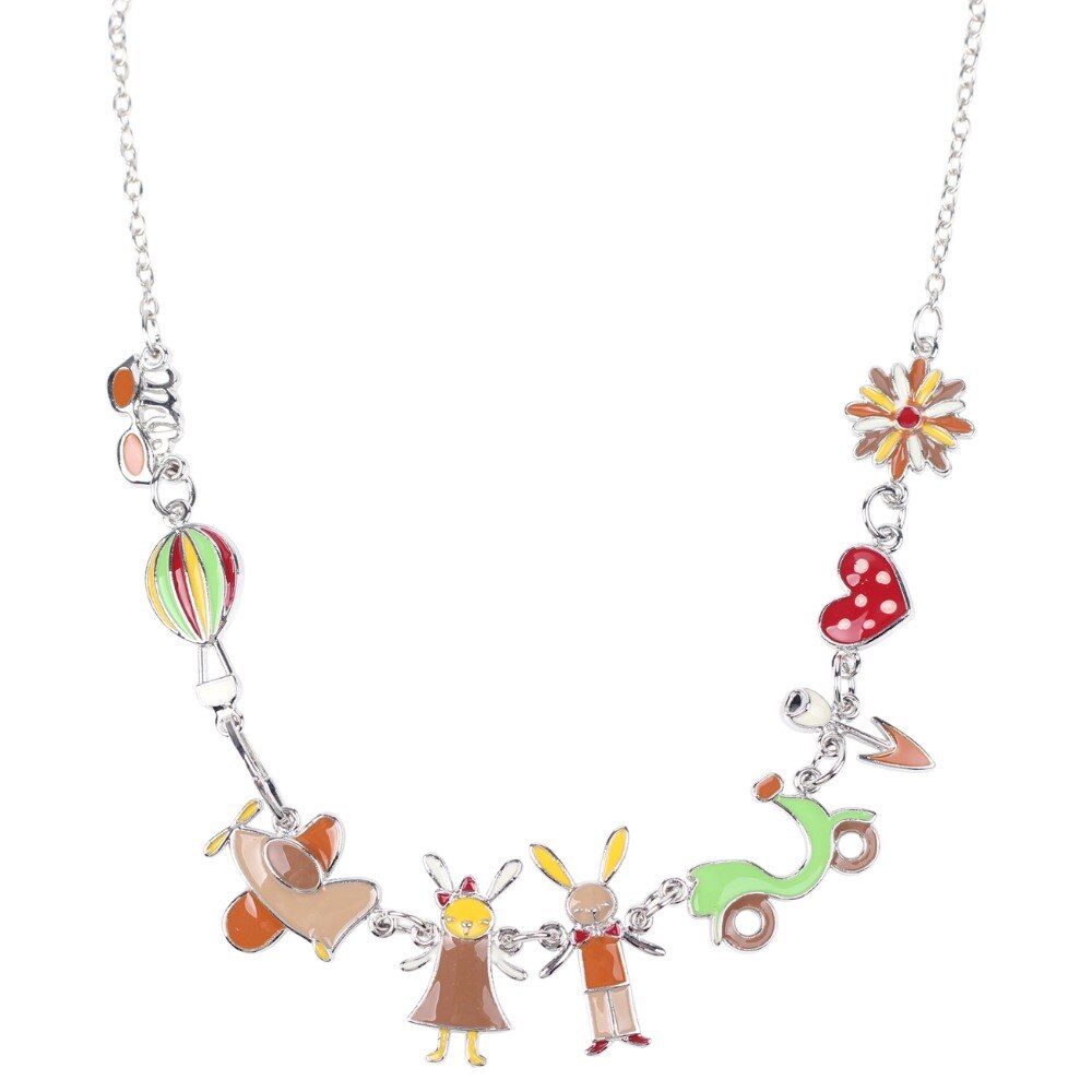 Bonsny Maxi Alloy Rabbit PLANE  Necklace Chain Enamel Jewelry Colorful Pendant 2021 Jewelry For Women Statement