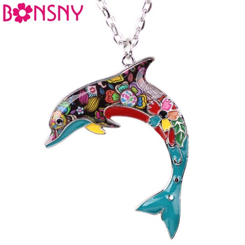 Bonsny OCEAN Collection Maxi Statement Metal Alloy Choker Dolphin Necklace Chain Collar Pendant Enamel Jewelry Women