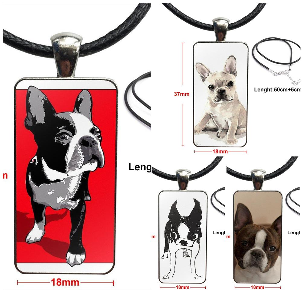 Boston Terrier Dog In Green For Girls Gift Glass Cabochon Choker Pendant Rectangle Necklace Steel Color Jewelry