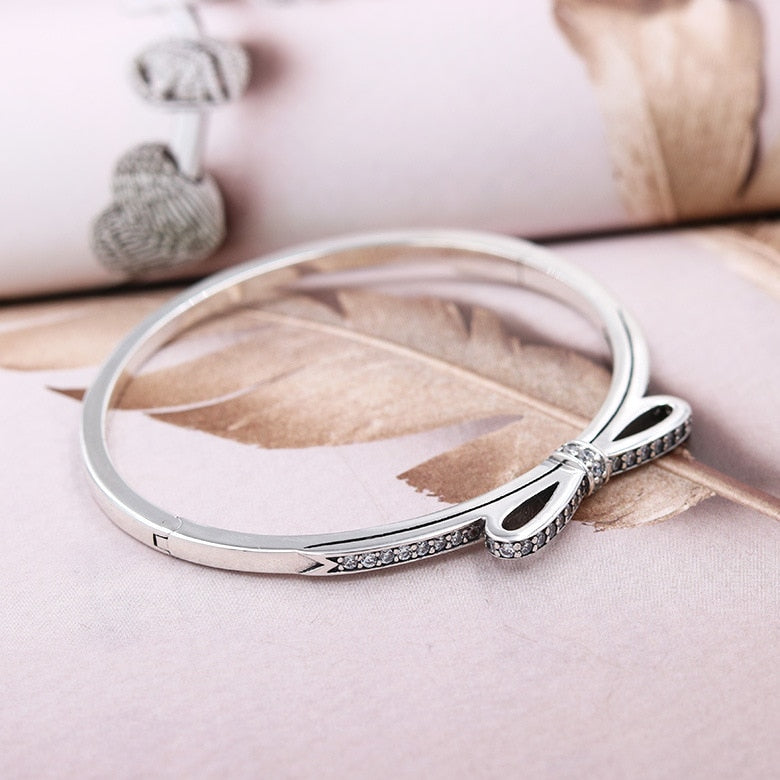 Bow-Entwined-Radiant-Hearts-Twinkling-Forever-Bangle-Fit-Pandora-Bracelet-925-Sterling-Silver-Bead-Charm-Jewelry