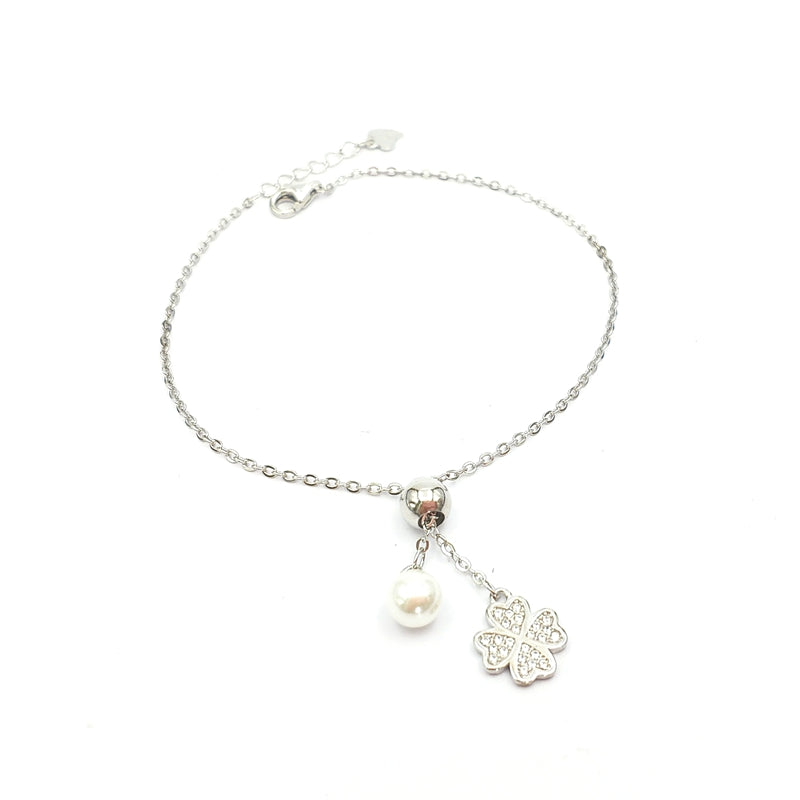 Bracelet Girls 925 Sterling Silver Four leaves Flowers Pendant Charm with Pearl Bead Bracelets For Women Sterling Silver Jewelry