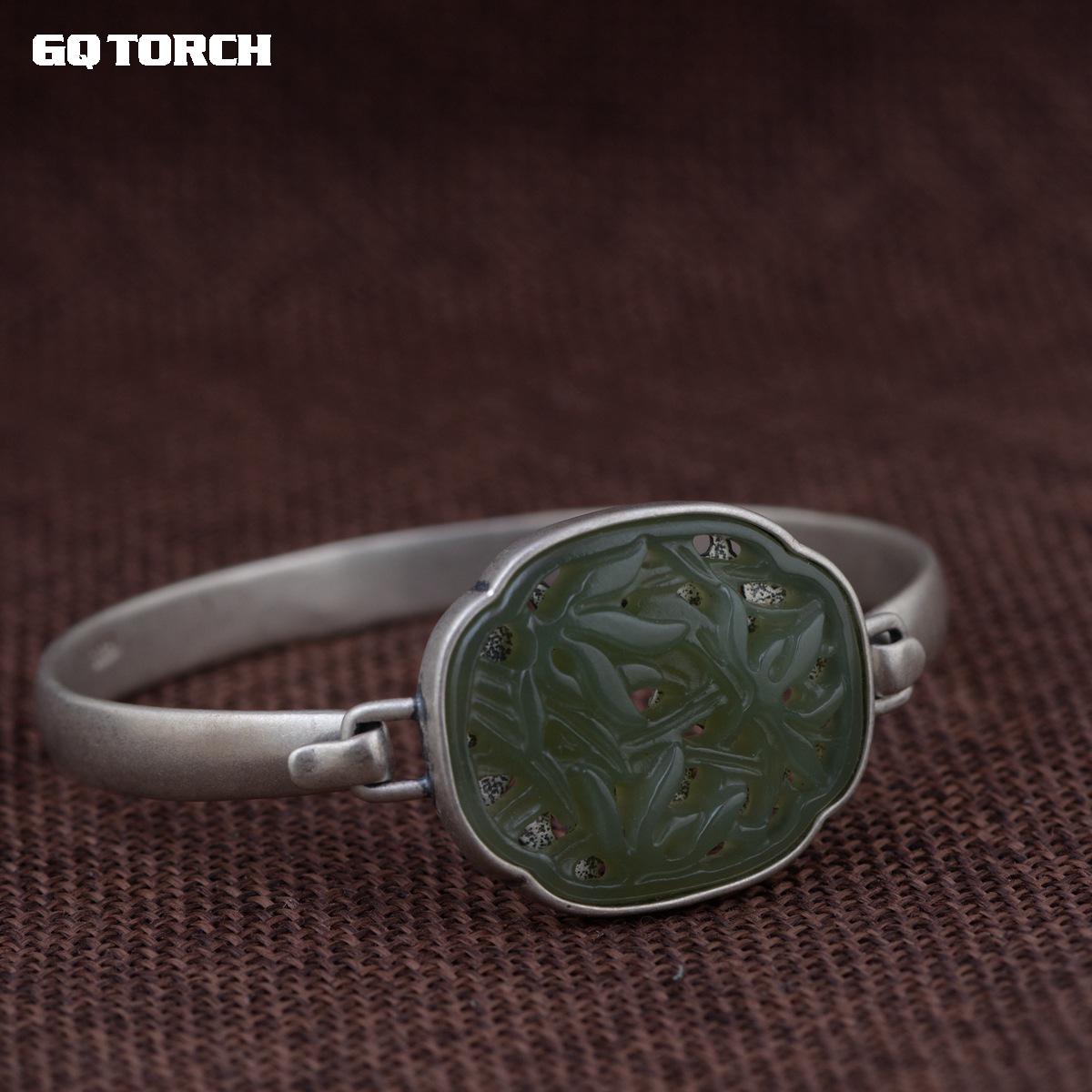 Bracelets & Bangles 925 Sterling Silver Chinese Bamboo Jade Bangle Openable Vintage Design Gemstone Cuff Bracelets