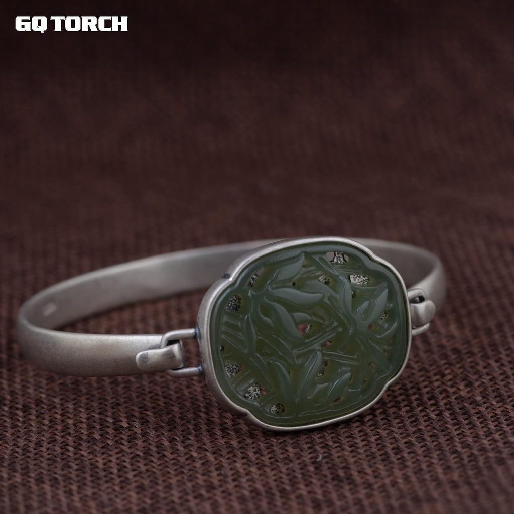 Bracelets & Bangles 925 Sterling Silver Chinese Bamboo Jade Bangle Openable Vintage Design Gemstone Cuff Bracelets