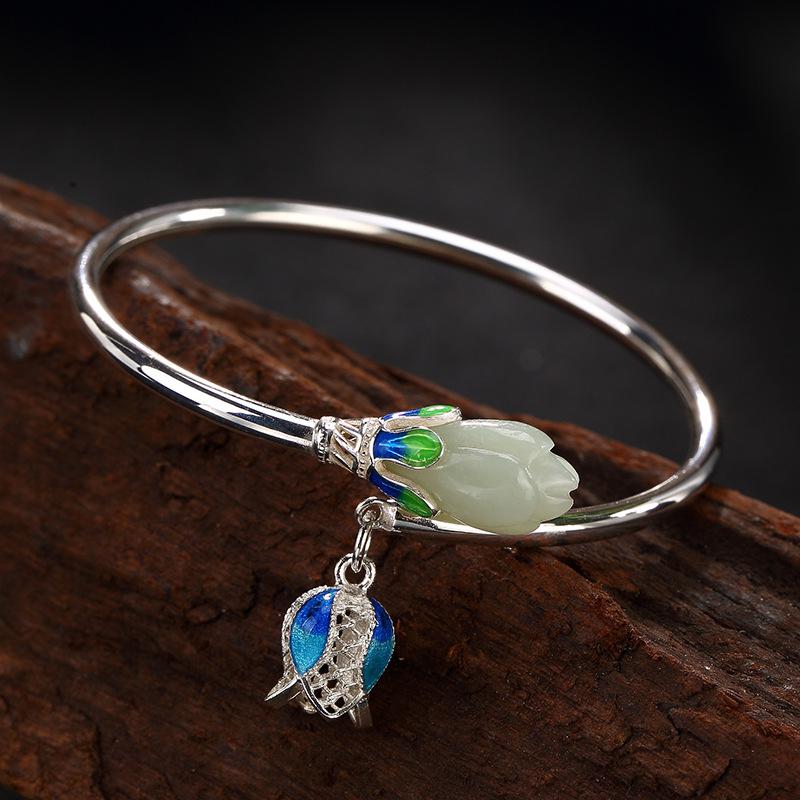 Bracelets & Bangles Authentic Silver 925 Jewelry Natural Jade Engraved Magnolia Flower Cloisonne Enamel Process Openning Type