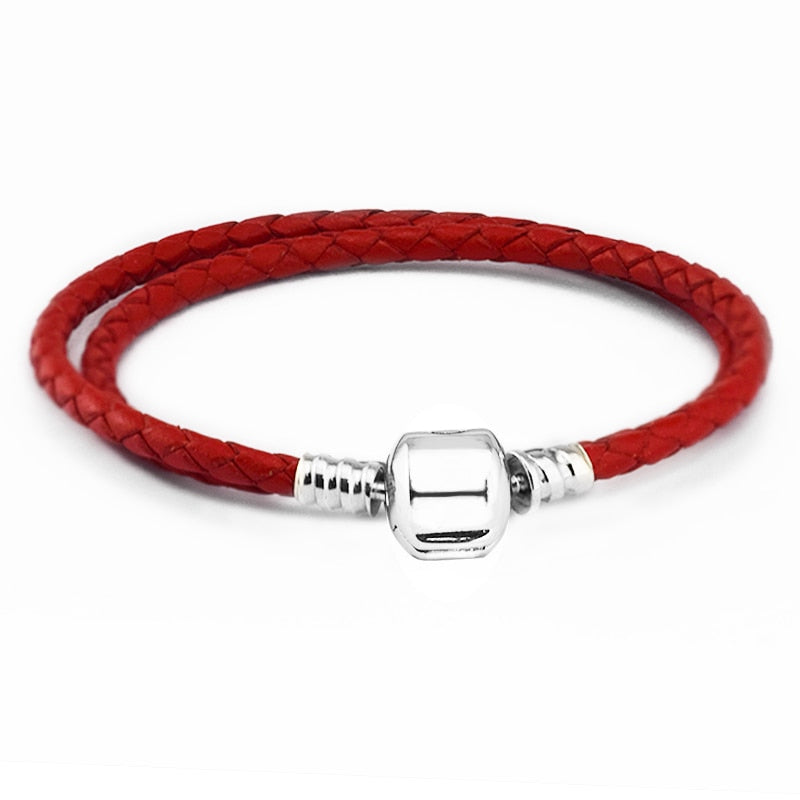 Bracelets Genuine 925 Sterling-Silver-Jewelry Red Leather Bracelet for Women DIY Beads Jewelry Making Fits Silver Charm