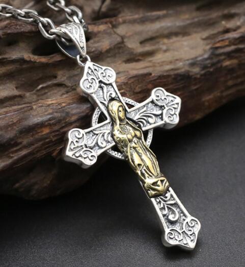 Brand 100% Real 925 sterling silver Virgin Mary Cross Punk Vintage Chain Necklace Pendant men jewelry   2020 N1