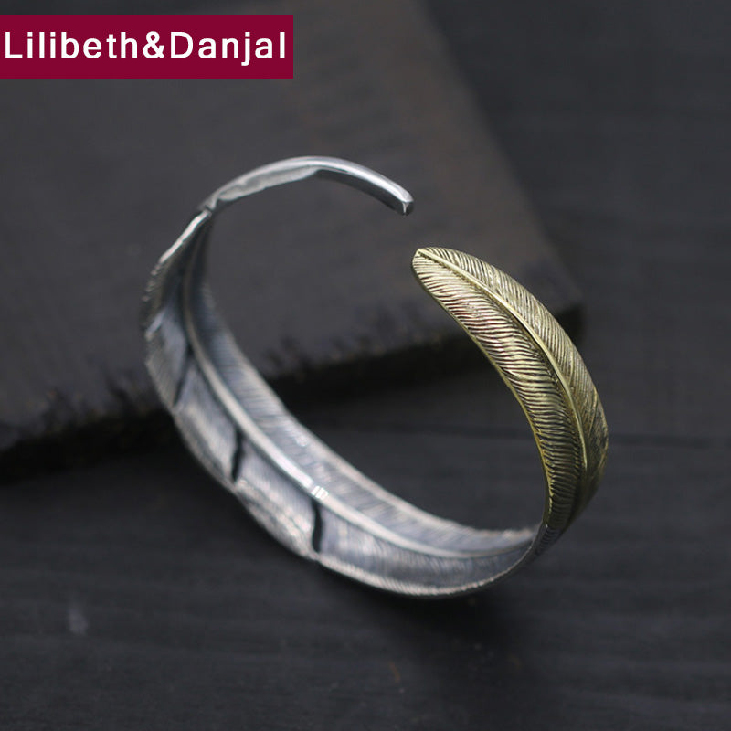 Brand Hot Sale Copper inlaid feather fashion Bangles 100% 925 sterling silver bracelet bangle for women or men fine jewelry GB15