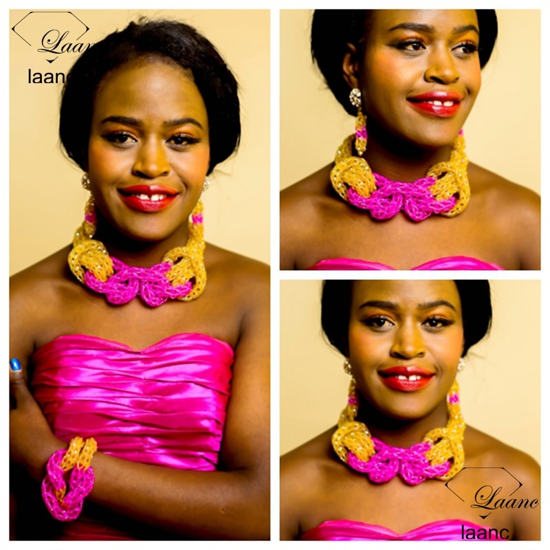 Brand Nigerian Wedding African Beads Jewelry Set Crystal Hot Pink Gold Bridal Bridesmaids Costume Necklace Dubai AL271