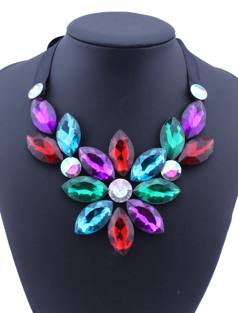 Brand Rhinestone Gem Crystal Big Flowers Choker Necklaces Statement Maxi Necklaces Black Ribbon Adjustable Collar Necklaces