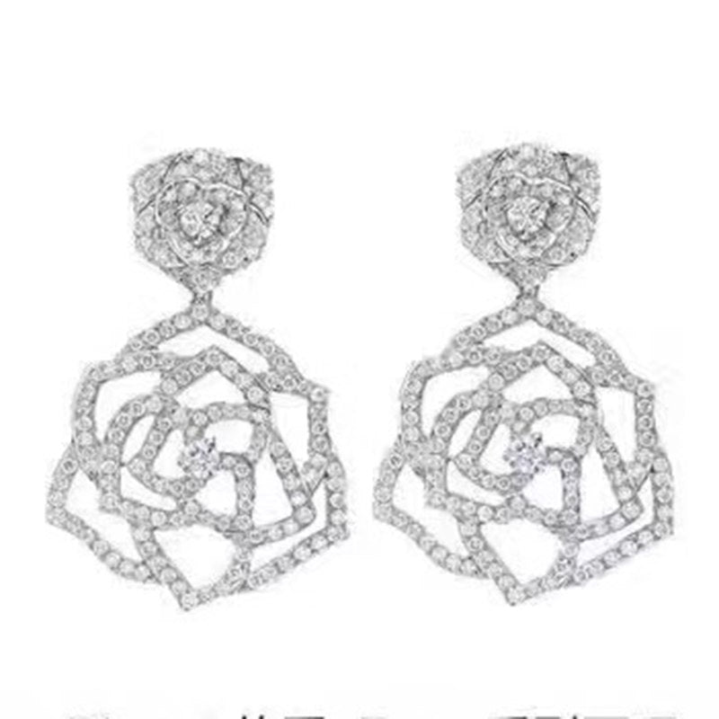 Brand Pure 925 Sterling Silver Jewelry For Women 2 Flower Earrings Rose Earrings Hollow Out Rose Design Wedding Party Earrings