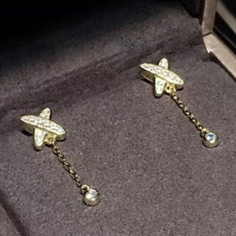 Brand Pure 925 Sterling Silver Jewelry For Women Small Cross Earrings X Design Earrings Gold Color Tassel Earrings Party Jewelry